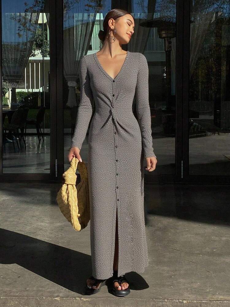 Solid Color Waist Twist V-Neck Long Sleeve Elegant Autumn/Winter Dress For Women Dress