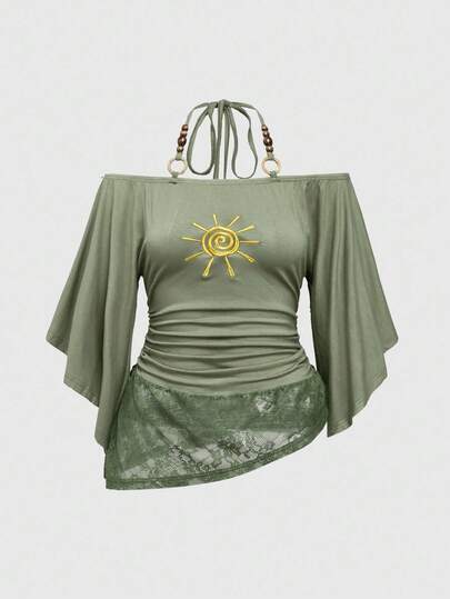 Hippie Vintage Loose Große Größen Off-Shoulder Damen T-Shirt mit Holzperlen Dekor und Fledermausärmeln, Große Größen