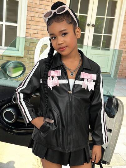 时尚女孩中大童女孩摩托车皮夹克，带 3D 蝴蝶结装饰，时尚酷炫户外休闲装