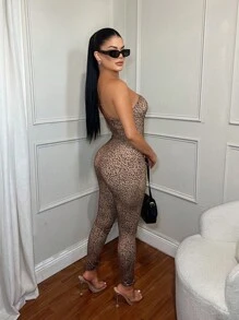 SHEIN SXY 豹纹镂空性感吊带连体裤