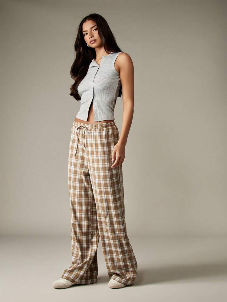 MISSGUIDED Plaid Wide Leg Palazzo Pants Drawstring High Waist Loose Fit Lounge Trousers Fall Winter Casual Comfort Wear