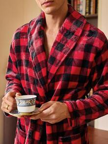 EverLounge Plaid Print Pocket Belted Long Sleeve Men's Robe, Winter, Christmas - Multicolor - View 5