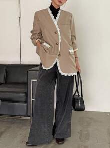 DAZY Women's V-Neck Lace Patchwork Contrast Color Decor Loose Casual Blazer Business Attire