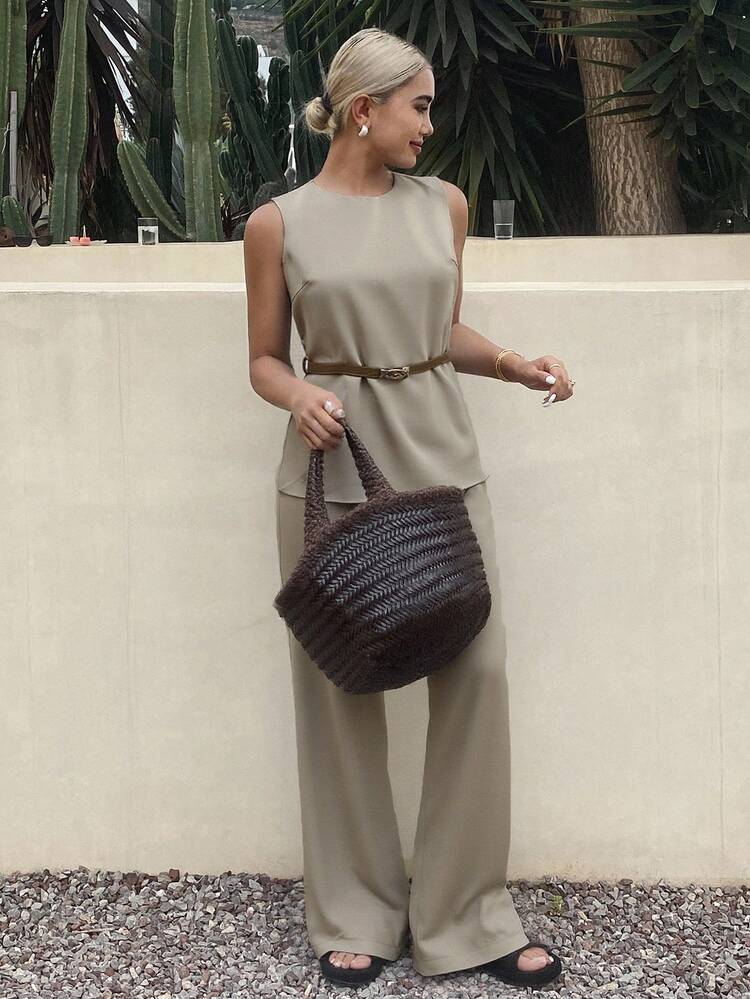2pcs Women Minimalist Commuter Solid Color Sleeveless Top And Wide Leg Pants Set With Belt