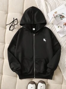 SHEIN 少女休闲针织卫衣外套，带刺绣、拉链和口袋，适合周末、休闲外出、返校、秋冬季穿着。少女拉链卫衣，带帽黑色外套，短款外套，黑色卫衣，秋季黑色拉链卫衣。 - 黑色 - 查看 2