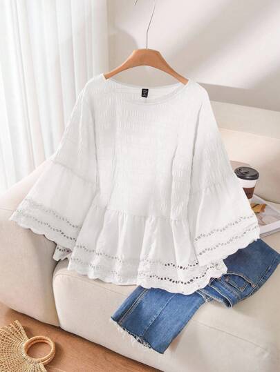 CosyJoli Plus Size Women's Floral Embroidery Round Neck Flare Sleeve Loose Blouse,Fall Clothes For Women