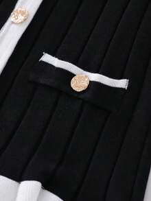 SHEIN Franclia 女式不对称荷叶边拼色圆领开衫，秋冬季厚针织毛衣夹克 - 黑色 - 查看 3