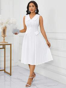 SHEIN Lady Women Summer Elegant White V-Neck Pleated Patchwork Midi Dress For Wedding Guest - White - View 3