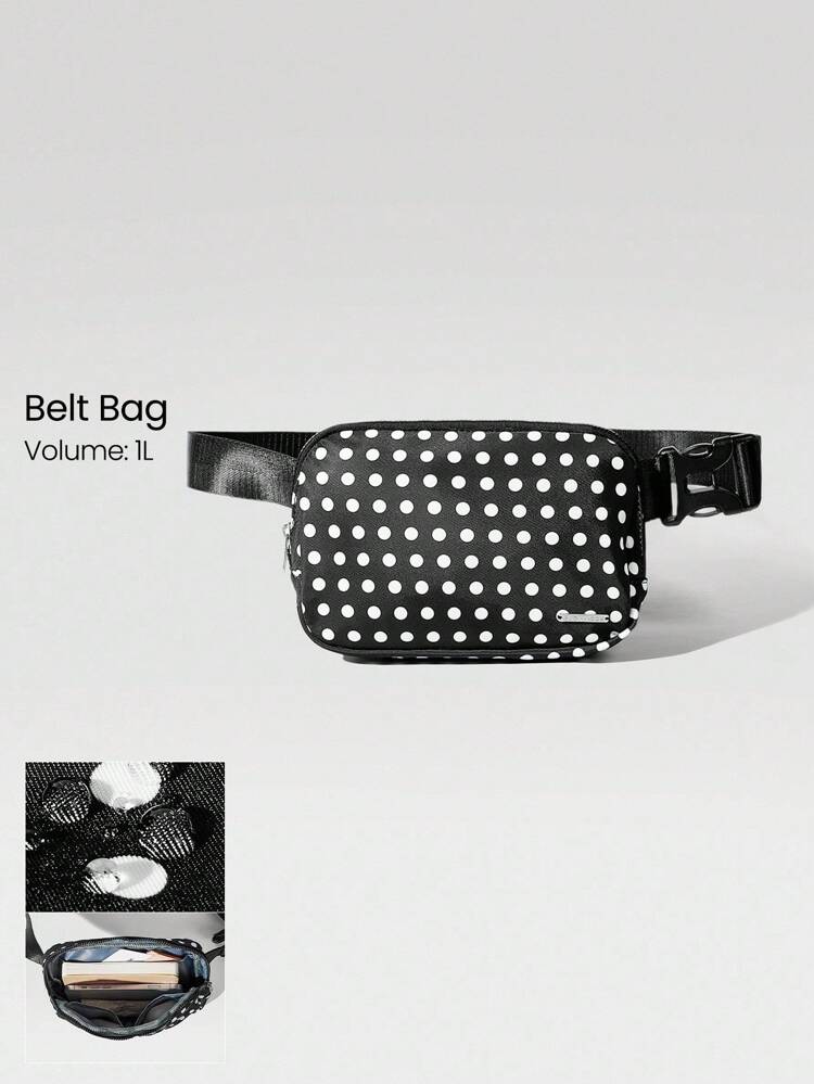 1L Dot And Go Mesh Water-Repellent Adjustable Strap Pockets Black Polka Dot Print Waist Crossbody Belt Bag Gym Workout Hike Vacation Daily Casual  Spring Summer