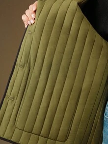 Anewsta 女士优雅腰果花印花绗缝长袖圆领棉服外套，冬季 - 軍綠色 - 查看 8