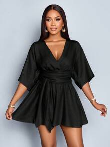 SOLERSUN 女式优雅深 V 领收腰系带蝙蝠袖褶饰腰部连体裤，适合度假和日常穿着 - 黑色 - 查看 3