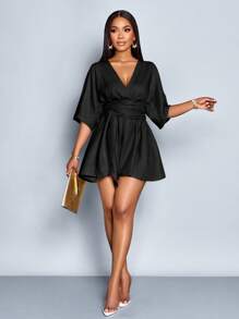 SOLERSUN 女式优雅深 V 领收腰系带蝙蝠袖褶饰腰部连体裤，适合度假和日常穿着 - 黑色 - 查看 6