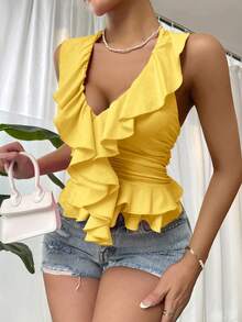 SHEIN Unity Women's Solid Color V-Neck Sleeveless Ruffle Trim Fitted Tank Top - Pale Yellow - View 4