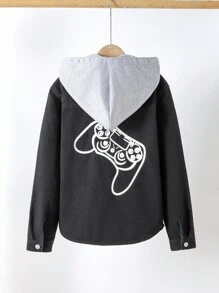 青少年男孩牛仔夹克和外套，休闲百搭街头风夹克，带可拆卸兜帽，四季必备衣橱单品 - 黑色 - 查看 2