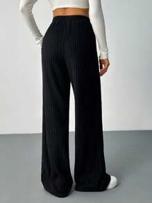 SHEIN Tall Pantalones anchos de pierna ancha con cinturón de unicolor, pantalones cargo casuales y sueltos para mujer - Negro - Ver 2