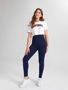 SHEIN Teen Girl Solid Color High Waist Leggings Fall Winter - Navy Blue - View 5