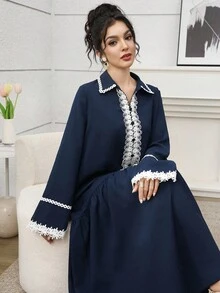 Al Najma 女士纯色百搭日常通勤长袖连衣裙 - 藍色 - 查看 8