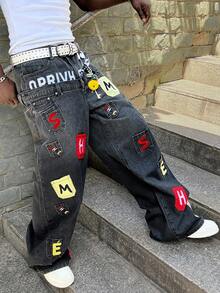 ROMWE MEN Street Life Men's Double-Layer Waistband Multi-Pocket Embroidered Pattern Loose Fit Jeans - Black - View 8