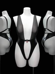 SHEIN 大码女式镂空尖头黑色性感漆皮连体裤 - 黑色 - 查看 1