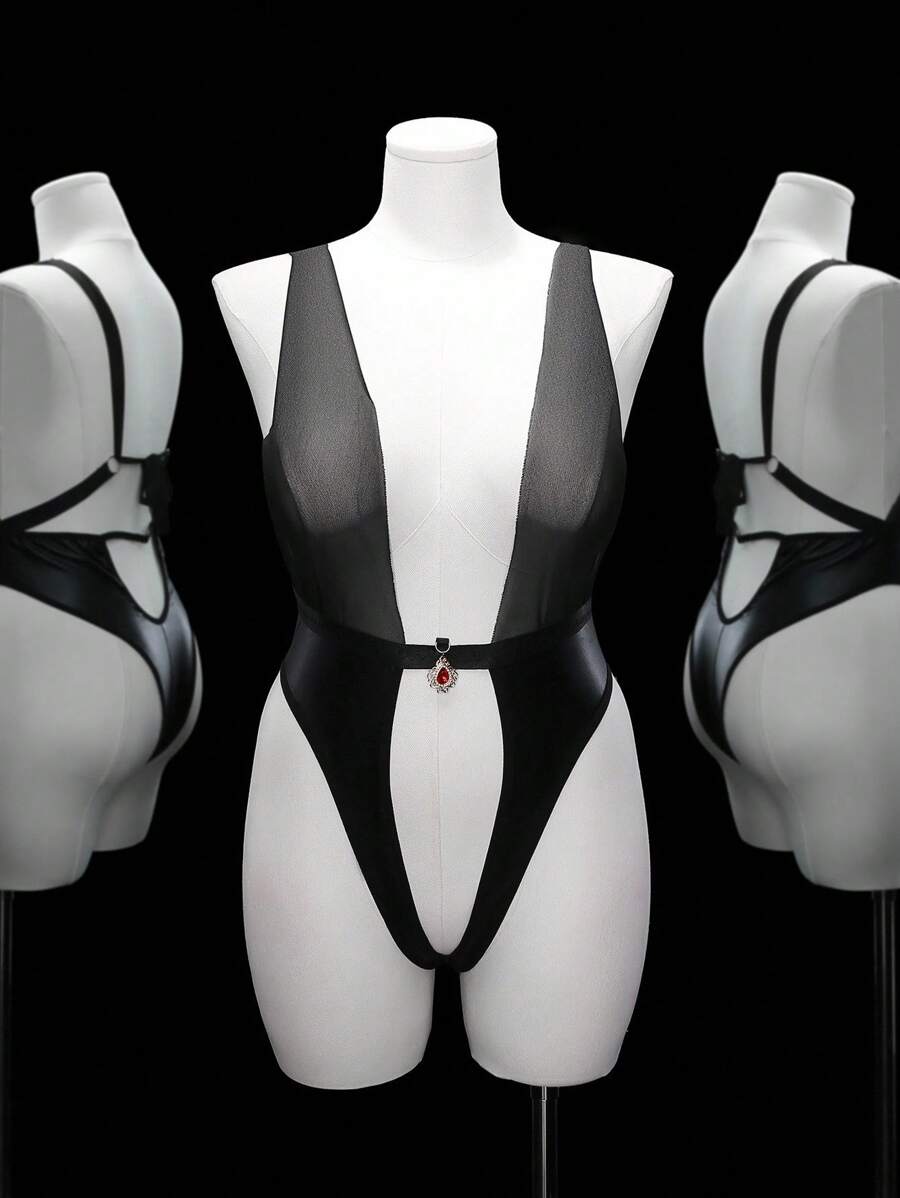 SHEIN 大码女式镂空尖头黑色性感漆皮连体裤 - 黑色 - 查看 1