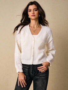 Poéselle Cárdigan de punto bordado para mujer, suéter de manga larga con botones y estampado floral, ropa exterior suave para otoño, blusa esponjosa, pantalones de pijama para el Día de Acción de Gracias y Halloween, suéteres de otoño para mujer, cárdigan de mujer - Blanco - Ver 5