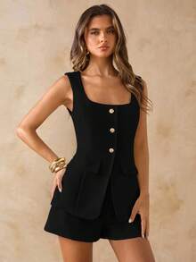 SHEIN BAE Spring/Summer White & Apricot Square Neck Sleeveless Vest & White Mini Skirt Shorts Two Pieces Set, Suitable For Beach, Vacation, Brunch, Wedding Guest, Suit Two Pieces, White Two Pieces - Black - View 6