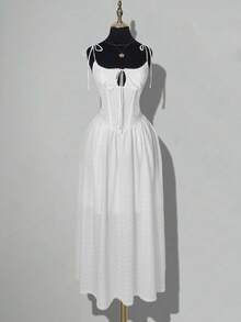 SHEIN ICON Bowknot Strap Waist & Bust Lace Patchwork Flared Dress - White - View 4