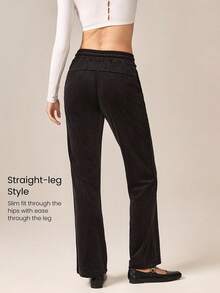GLOWMODE Smooth Soft Velvet Adjustable Drawstring Waist Straight Leg Pants With Side Pockets Daily Casual - Black - View 2