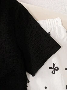 SHEIN 青少年女孩编织睡衣套装，蝴蝶结装饰衬衫，V 领翻领纽扣前短袖上衣和宽松休闲长裤，2 件套睡衣套装 - 黑與白 - 查看 7