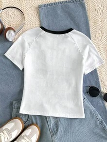 Áo thun cotton co giãn ôm sát cổ tròn phong cách đường phố giản dị cổ điển trường đại học trang trí ruy băng chữ đồ họa khối màu cho bé gái tuổi teen - trắng - Xem 2