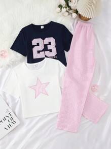 少女数字和星星格子刺绣短袖上衣搭配粉色格子裤家居服套装 - 彩色 - 查看 7