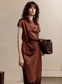 Chiquease Đầm suông màu trơn thanh lịch, thiết kế ôm dáng độc đáo, dệt kim mùa hè dành cho nữ - màu nâu - Xem 5