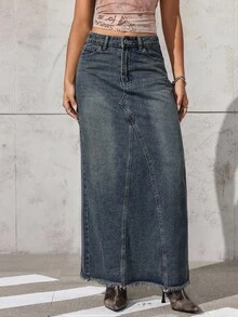 Jeanoix Women's Pocketed Frayed Hem Straight Loose Casual Long Denim Skirt - Blue - View 6