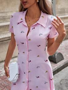 EURMUSE Váy sơ mi vải thêu hoa thanh lịch cho nữ - Hồng - Xem 7