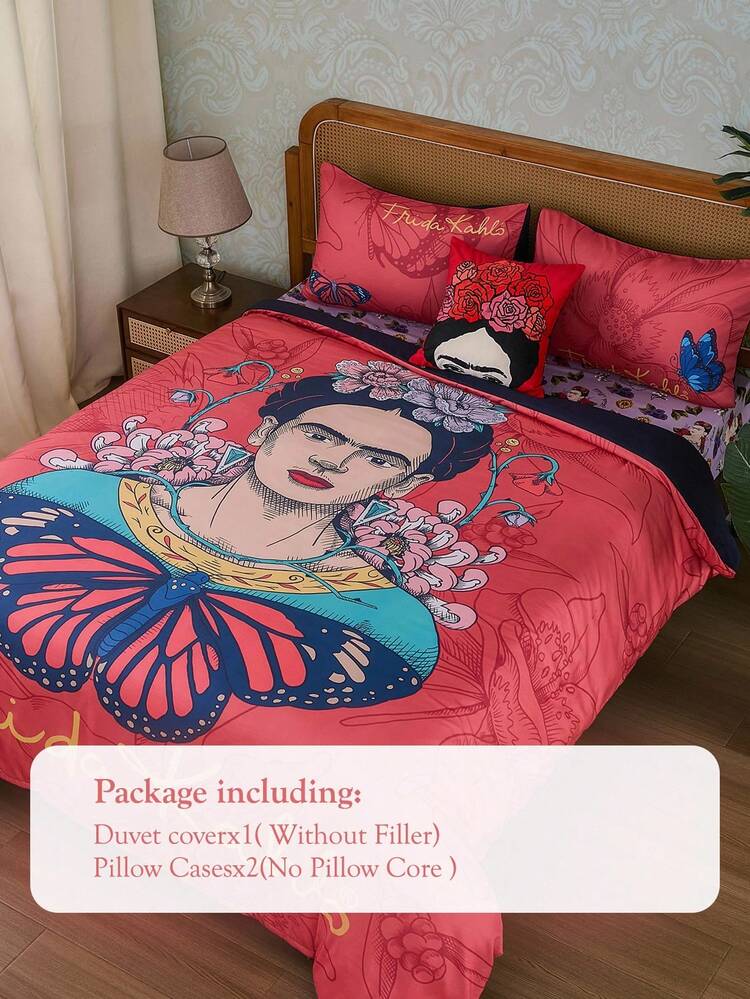 Frida Kahlo X SHEIN 3pcs Figure & Floral Print Duvet Cover & Pillow Case Set, Soft & Comfortable Material, Suitable For Different Bed Sizes - Multicolor - View 4