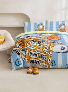 GARFIELD | SHEIN 3pc Soft Cute Cartoon Cat Print Blue Bedding Set,Suitable For Single Bed/Double Bed/Queen Bed/King Bed, Dormitory/Home - Blue - View 4