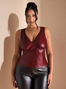 SHEIN BAE 休闲百搭时尚性感修身V领大码女式背心 - 酒紅色 - 查看 5