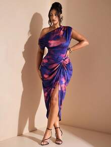 SHEIN BAE 大码女装秋冬时尚优雅约会派对黑色弹力针织舒适褶饰细节垂坠连衣裙不对称下摆开衩中长连衣裙、毕业礼服、女士生日礼服、开衩拼色扎染印花连衣裙、婚礼宾客礼服 - 紫色 - 查看 6