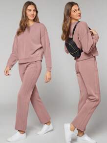 GLOWMODE Modal Silky Smooth Loose Drop Shoulder Crew Neck Side Slits Sweatshirt With Thumbholes Daily Casual  Spring Summer - Dusty Pink - View 8