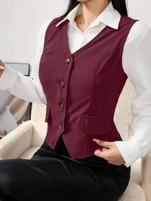Modelyn Women's Solid Color Single-Breasted V-Neck Vest, Suitable For Commuting - Burgundy - View 3