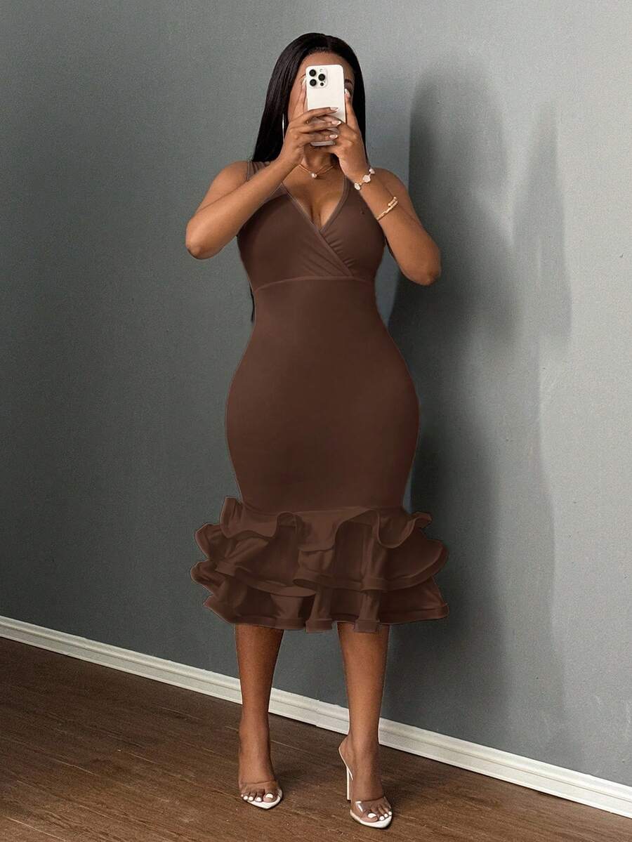 Slaydiva Elegant Bodycon Deep V-Neck Ruffle Hem Dress - E - Brown - View 1