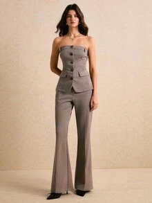 Poéselle 女士复古休闲通勤喇叭裤，商务休闲，新年优雅秋冬款 - 咖啡棕 - 查看 5