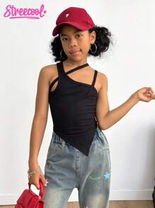 SHEIN Explorewe Maglia In Maglia A Costine Per Ragazze Adolescenti Con Colletto E Orlo Asimmetrici - nero - Visualizzare 1