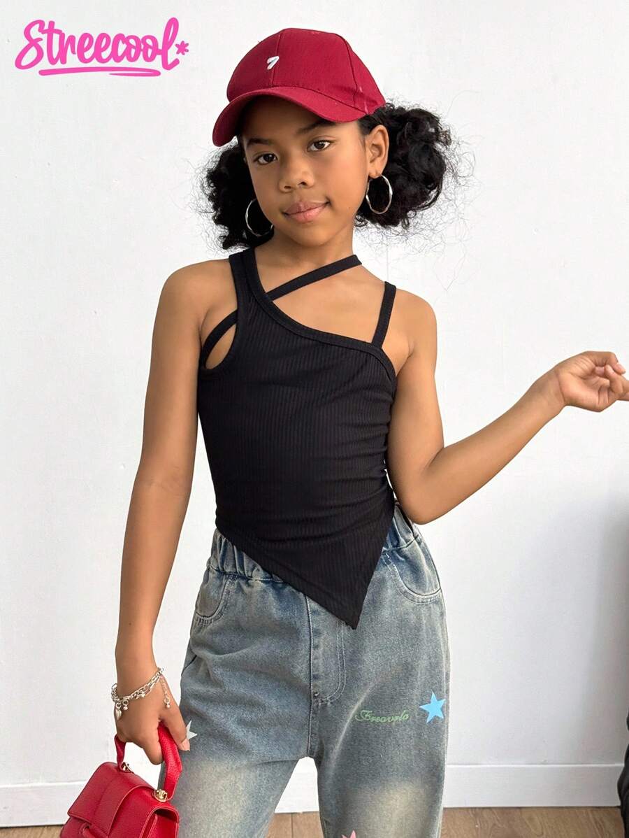 SHEIN Explorewe Maglia In Maglia A Costine Per Ragazze Adolescenti Con Colletto E Orlo Asimmetrici - nero - Visualizzare 1