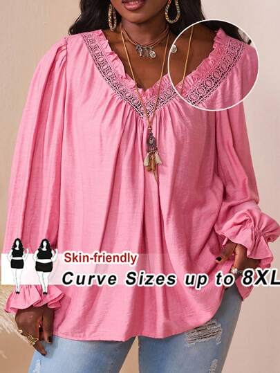 SHEIN CURVE+ Plus Size Women's Autumn Long Sleeve Collar Patchwork Lace Trim Loose Blouse, Bohemian Holiday Style,Fall Clothes For Women/Autumn /Winter