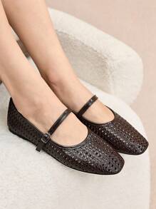 Rosivie 2025年夏季新款法式方头百搭黑色镂空编织带低帮透气舒适平底女鞋 - 棕色 - 查看 4