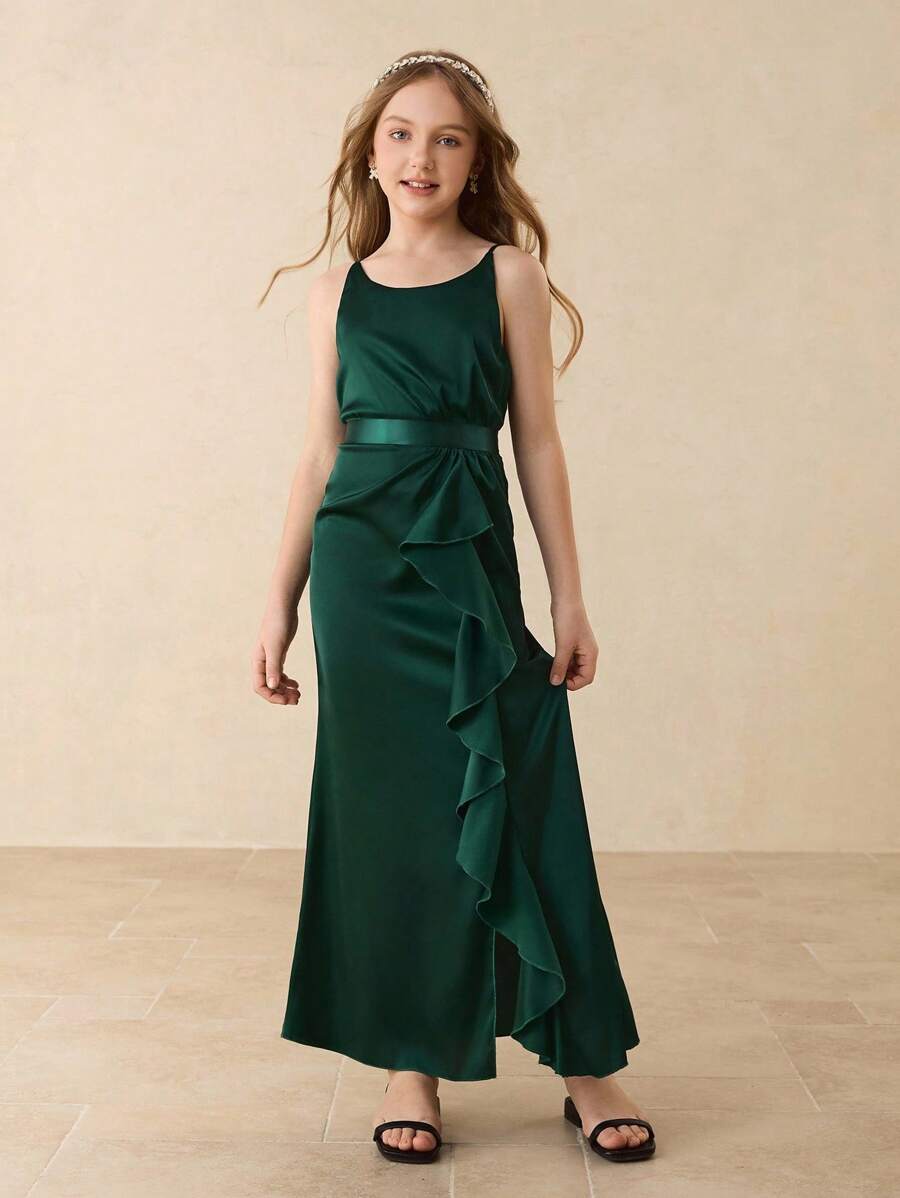 Flower Girl Dress With Satin Halter Neck, Ruched Hem, High Slit And Ruffle Trim, Elegant For Wedding, Christmas, Halloween, Party, Graduation - Green - View 1