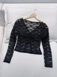 Women's Elegant Solid Color Lace Long Sleeve Blouse Fall Cloth For Women - Black - View 3
