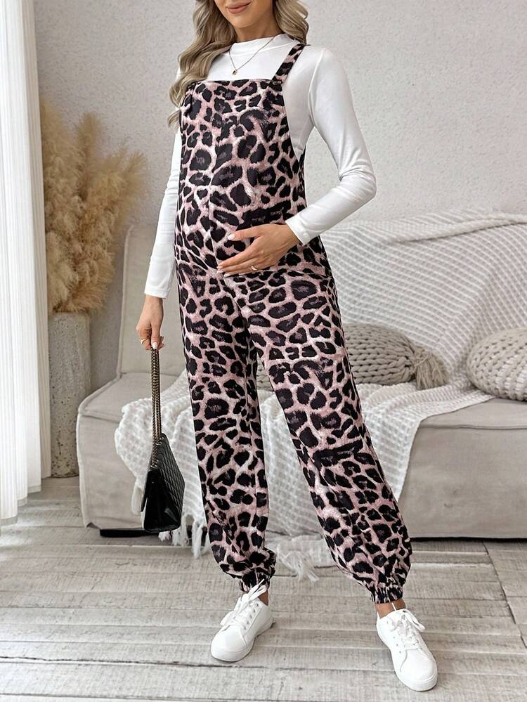 SHEIN 孕妇休闲时尚街头豹纹连体裤（不含T恤） - 彩色 - 查看 5