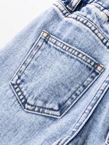 SHEIN 女童百搭时尚破洞直筒蓝色牛仔裤 - 藍色 - 查看 10